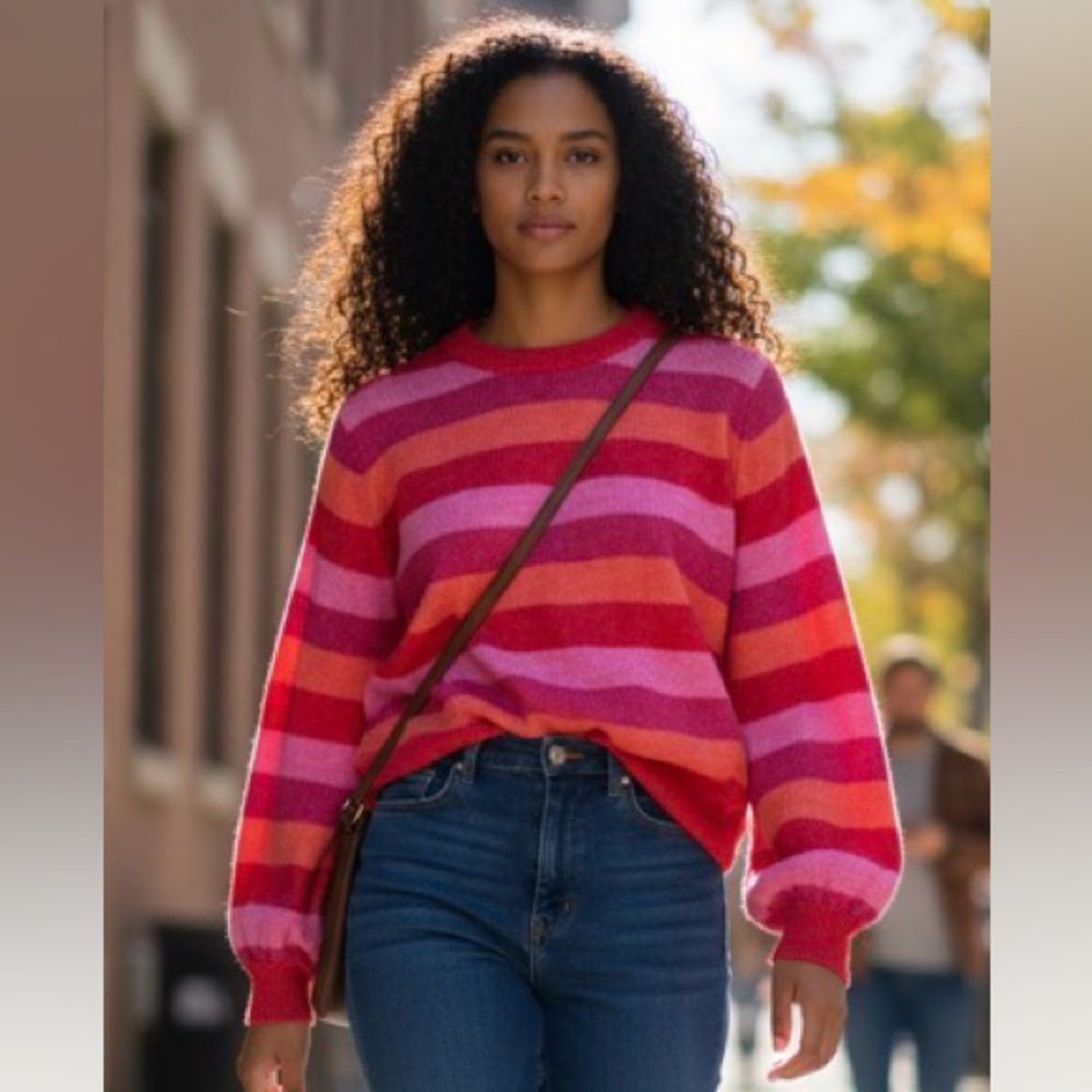 Soft stretchy and cozy striped pink sweater by My Style Loft size large - Picture 2 of 5